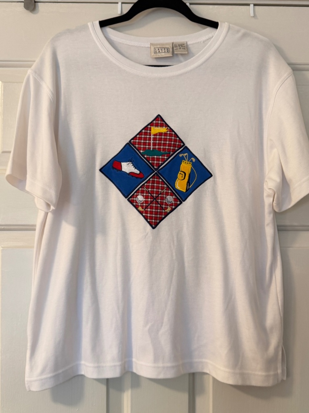 Vintage Laura Gayle Golf Embroidered Plaid Patchwork T-Shirt Women's Large White